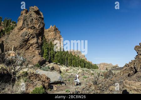 A young man in a cap with a backpack behind his back travels along a route in the Teide National Park. Hiking by the mountain trail surrounded by ende Stock Photo