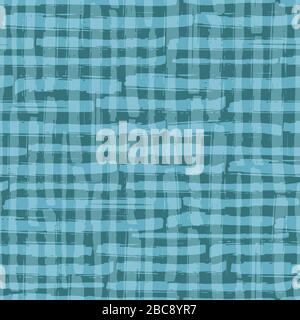 Vector minimalist plaid seamless pattern background. Organic painterly brush stroke effect backdrop. Repeat gingham fabric style in teal blue tones Stock Vector