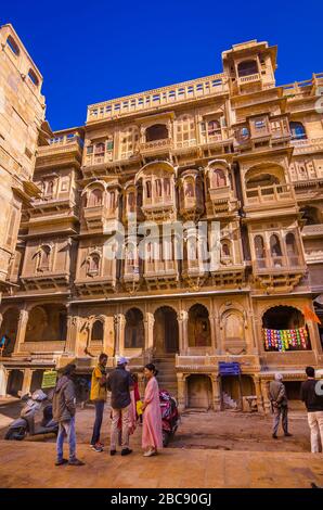 JAISALMER, INDIA – NOV. 30, 2019: Visitors at The Patwon ki Haveli, It is the largest haveli in Jaisalmer, Rajasthan, constructed in the year 1805. Stock Photo