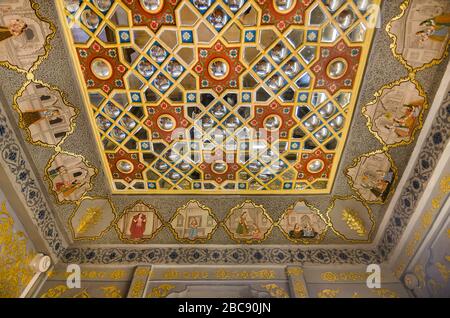 JAISALMER, INDIA – NOV. 30, 2019: The Patwon ki Haveli has good amount of paintings and mirror-works on the wall. It's the largest Haveli in Jaisalmer Stock Photo