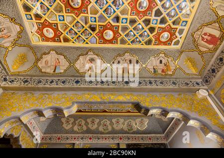 JAISALMER, INDIA – NOV. 30, 2019: The Patwon ki Haveli has good amount of paintings and mirror-works on the wall. It's the largest Haveli in Jaisalmer Stock Photo