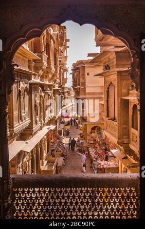 JAISALMER, INDIA – NOV. 30, 2019: View of a narrow lane from The Patwon ki Haveli, It is the largest Haveli in Jaisalmer, Rajasthan. Stock Photo