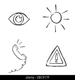 Hand drawn doodle icon objects. Eye, sun, calling phone and danger. Black outlines and white. Stock Vector