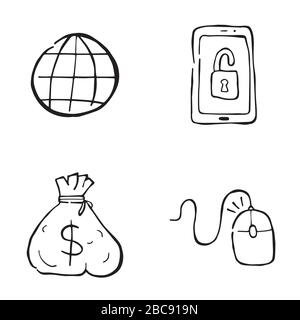 Hand drawn doodle icon objects. Internet world, unlocked smartphone, dollar money sack and mouse left click. Black outlines and white. Stock Vector