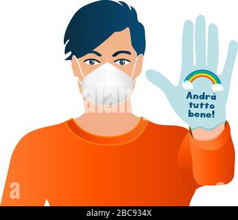 Isolated portrait man protecting himself with medical mask and latex glove with above written social campaign Italian slogan -everything will be fine- Stock Vector