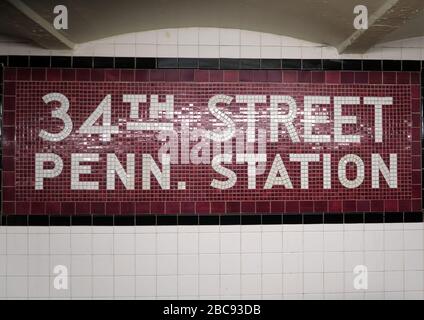 Mosaic New York Subway sign - 34th Street and Penn. Station Stock Photo