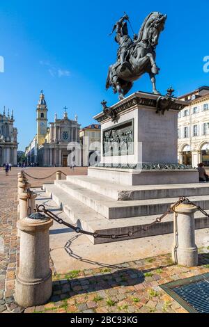 View of Emanuele Filiberto statue in Piazza San Carlo, Turin, Piedmont, Italy, Europe Stock Photo