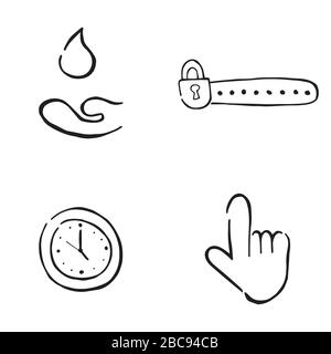 Hand drawn doodle icon objects. Water drop and hand, locked password, clock time and hand cursor. Black outlines and white. Stock Vector