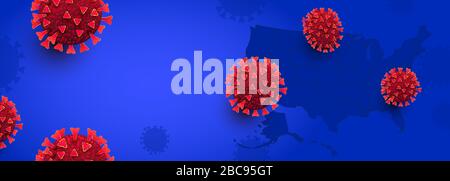 Dangerous coronavirus cell horizontal background. Covid 19 molecule on USA map Stock Vector