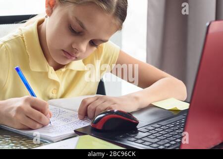 Closeup of a girl who writes notes in a notebook while studying remotely Stock Photo