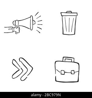 Hand drawn vector illustration doodle icon objects. Businessman with megaphone, trash, fast forward and briefcase. Black outlines and white. Stock Vector