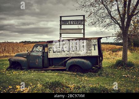 Old green abandoned rusty GMC truck being used as a flea market and maple syrup sign. Autumn scene. Stock Photo