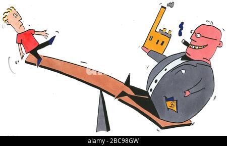 A boss sits with an employee on the seesaw, imbalance Stock Photo
