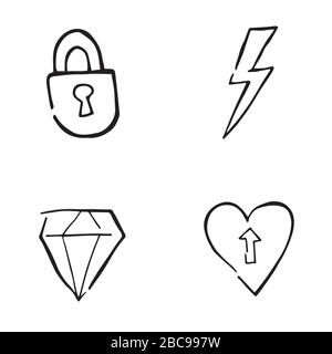 Hand drawn doodle icon objects. Locked padlock, electric, diamond and heart arrow up. Black outlines and white. Stock Vector