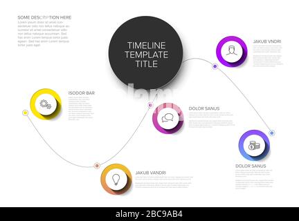 Vector Infographic timeline template with curved line, circle buttons with shadow and various descriptions - light color version Stock Vector