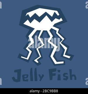 Jellyfish vector icon. Flat vector illustration on dark blue background. Primitive flat style, cut out of paper. Interactive card for learning English Stock Vector