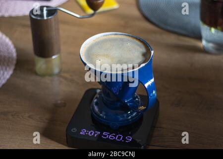 Alternative method of coffee brewing. Pour over dripper on Scales Stock Photo
