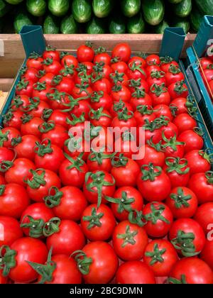Red tomatoes in the plastic box in the supermarket Stock Photo