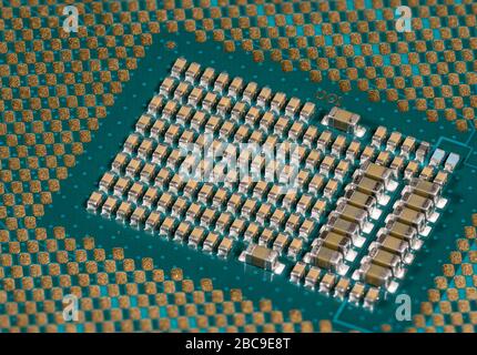 Macro photo of the center of the CPU chip ready for insertion into a modern personal computer motherboard Stock Photo