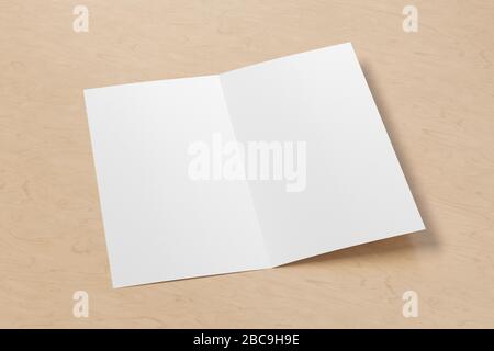 Blank square leaflet on wooden background. Bi-fold or half-fold opened brochure isolated with clipping path. Side view. 3d illustration