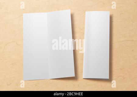 Blank vertical A4 leaflet on wooden background. Bi-fold or half-fold opened and folded brochure isolated with clipping path. Side view. 3d illustratio Stock Photo