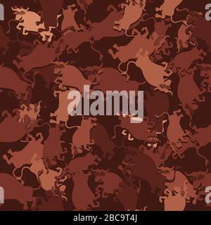 Seamless cartoon bull silhouette pattern on a brown and red background. Vector image Stock Vector