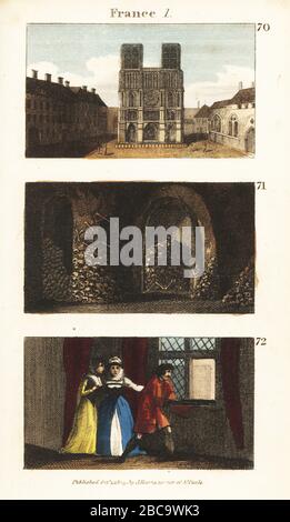 Historical views of Paris, France. View of the cathedral of Notre Dame 70, piles of bones and skulls in the Catacombs 71, and the Massacre of St. Bartholomew’s Day in 1572 72. Handcoloured copperplate engraving from Rev. Isaac Taylor’s Scenes in Europe, for the Amusement and Instruction of Little Tarry-at-Home Travelers, John Harris, London, 1819. Stock Photo