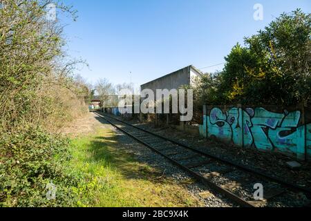Strasbourg, France - Mar 18, 2020: View from the street of train railroad abandoned house Stock Photo