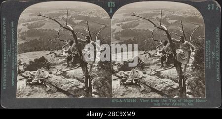 Three African American Children, two sitting high up in Tree and the other laying on the Ground,  View from the top of Stone Mountain near Atlanta, Georgia, USA, Stereo Card, Keystone View Company,1937 Stock Photo