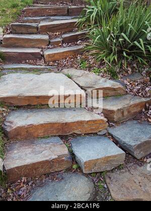 Large rock pieces curve gently up a hill through a messy garden in the winter. Stock Photo