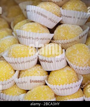 Delicacies made up of almonds and lemon filling with a marzipan cover, Erice, Sicily, Italy, Europe Stock Photo