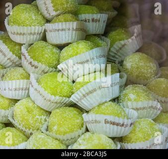 Delicacies made up of almonds and pistachio filling with a marzipan cover, Erice, Sicily, Italy, Europe Stock Photo