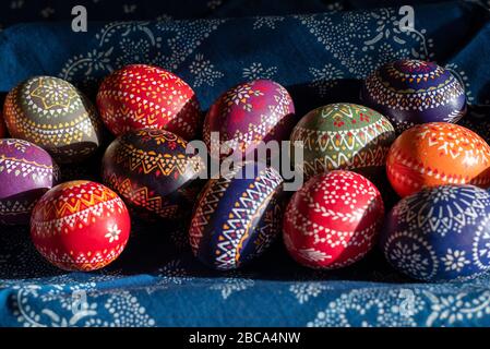 Sorbian Easter eggs, wax batik technique, richly decorated chicken eggs. Stock Photo