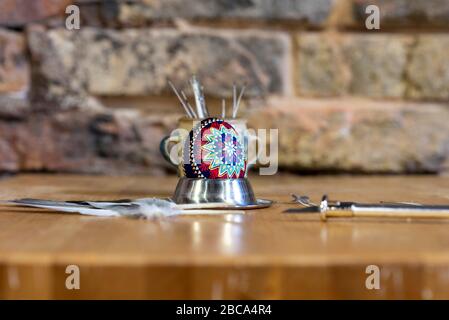 Pigeon feathers, quills, Sorbian Easter egg Stock Photo