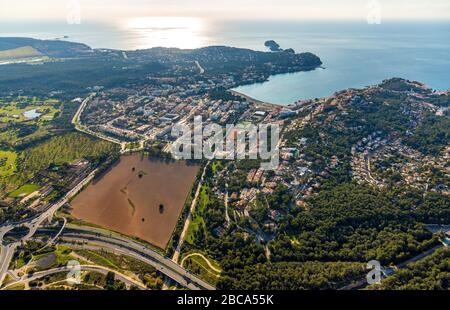 Aerial view, Playa Santa Ponsa, town view Santa Ponsa, backlit, Calvià, Mallorca, Spain, Europe, Balearic Islands Stock Photo