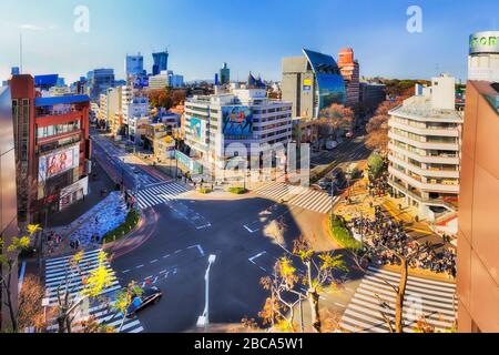 TOKYO, JAPAN - 1 January 2020: Busy intersection and street crossing in Harajuku, Tokyo, Japan. Stock Photo