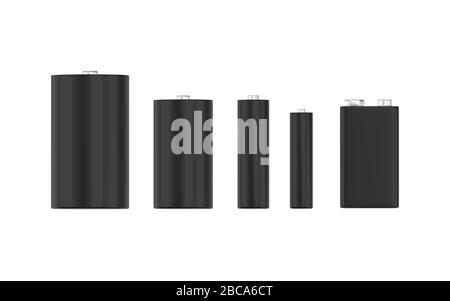 Batteries isolated on white background. Diffrent sizes and shapes. 3d ...