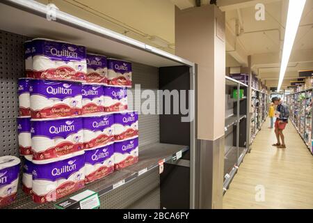 Sydney, Australia. Saturday 4th April 2020.  Woolworths CEO said that more than 20 million toilet rolls were sold this week as he advises customers to Stock Photo