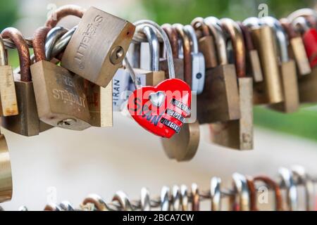 Love padlocks on a bridge, Butchers' Bridge, Ljubljana, Slovenia, Europe Stock Photo