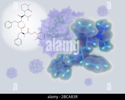 Lopinavir drug, molecular models. The molecular models are seen either side of coronavirus particles. The antiretroviral protease inhibitor lopinavir is used to treat HIV (human immunodeficiency virus). It is a candidate for an experimental treatment for coronavirus disease 2019 (COVID-19). The chemical formula is C37.H48.N4.O5. Stock Photo