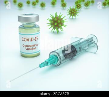 Covid-19 vaccine, conceptual composite illustration. Covid-19 is a respiratory disease caused by the SARS-CoV-2 coronavirus (previously 2019-nCoV). Coronaviruses cause respiratory tract infections in humans and are connected with common colds, pneumonia and SARS. SARS-CoV-2 is a particularly virulent strain that originated in Wuhan, China in late 2019. Covid-19 can develop into pneumonia and be fatal in some cases. Stock Photo