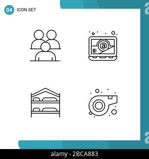 Group of 4 Filledline Flat Colors Signs and Symbols for business, bedroom, group, email, hotel Editable Vector Design Elements Stock Vector