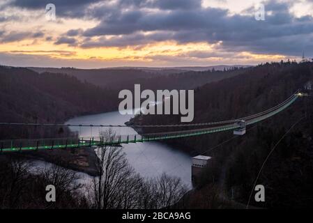 Germany, Saxony-Anhalt, Wendefurth, Rappbodetalsperre, suspension bridge Titan RT, sunrise Stock Photo