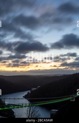 Germany, Saxony-Anhalt, Wendefurth, Rappbodetalsperre, suspension bridge Titan RT, sunrise Stock Photo