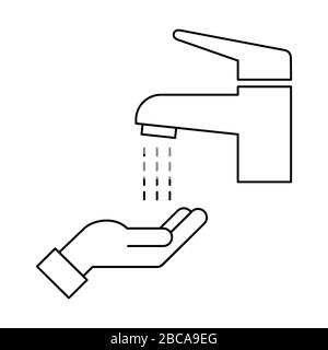 Hand and mixer tap line icon. Wash hands sign. Streaming water from a faucet in the bathroom. Antivirus and antibacterial protection. Personal hygiene Stock Vector