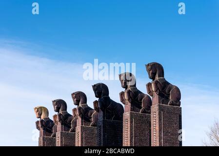 Germany, Saxony-Anhalt, Magdeburg, detail of the horse gate that belonged to the architectural ensemble of the 1927 German Theater Exhibition. Stock Photo