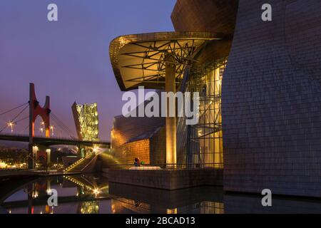 Spain, Bilbao, Guggenheim Museum, Rio Nervion, night shot Stock Photo