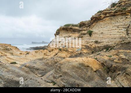 Spain, north coast, Cantabria, Canallave, Parque Natural de Las Dunas de Liencres, sediment layers Stock Photo