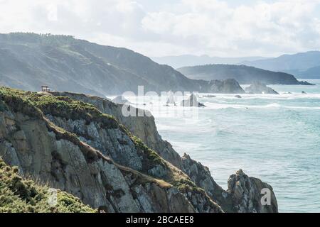 Spain, north coast, Galicia, Acantilados de Loiba, 'El banco más bonito del mundo' (most beautiful bank in the world) Stock Photo