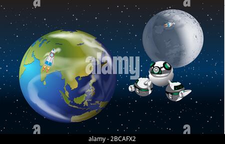 spaceship and satellite are travelling from earth to moon regularly Stock Vector